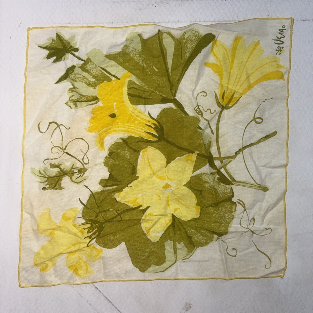 VINTAGE Retro VERA NEUMANN 1960'S Yellow Green FLORAL Scarf Handkerchief